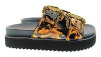 Versace Jeans Couture Womens Black Gold Print Platform Slide Sandals-