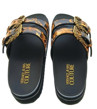 Versace Jeans Couture Womens Black Gold Print Platform Slide Sandals-