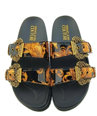 Versace Jeans Couture Womens Black Gold Print Platform Slide Sandals-