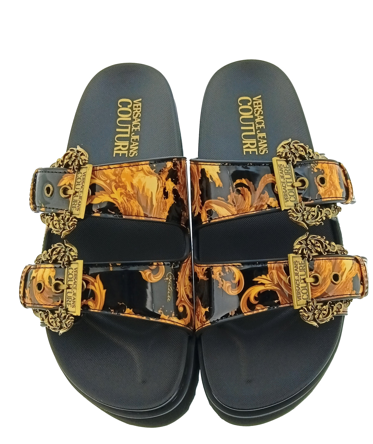 Versace Jeans Couture Womens Black Gold Print Platform Slide Sandals-