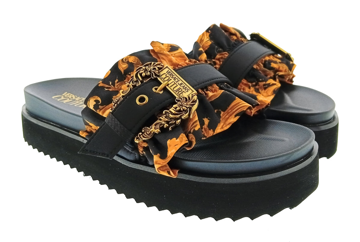 Versace Jeans Couture Womens Black Ruffle Platform Slide Sandals-