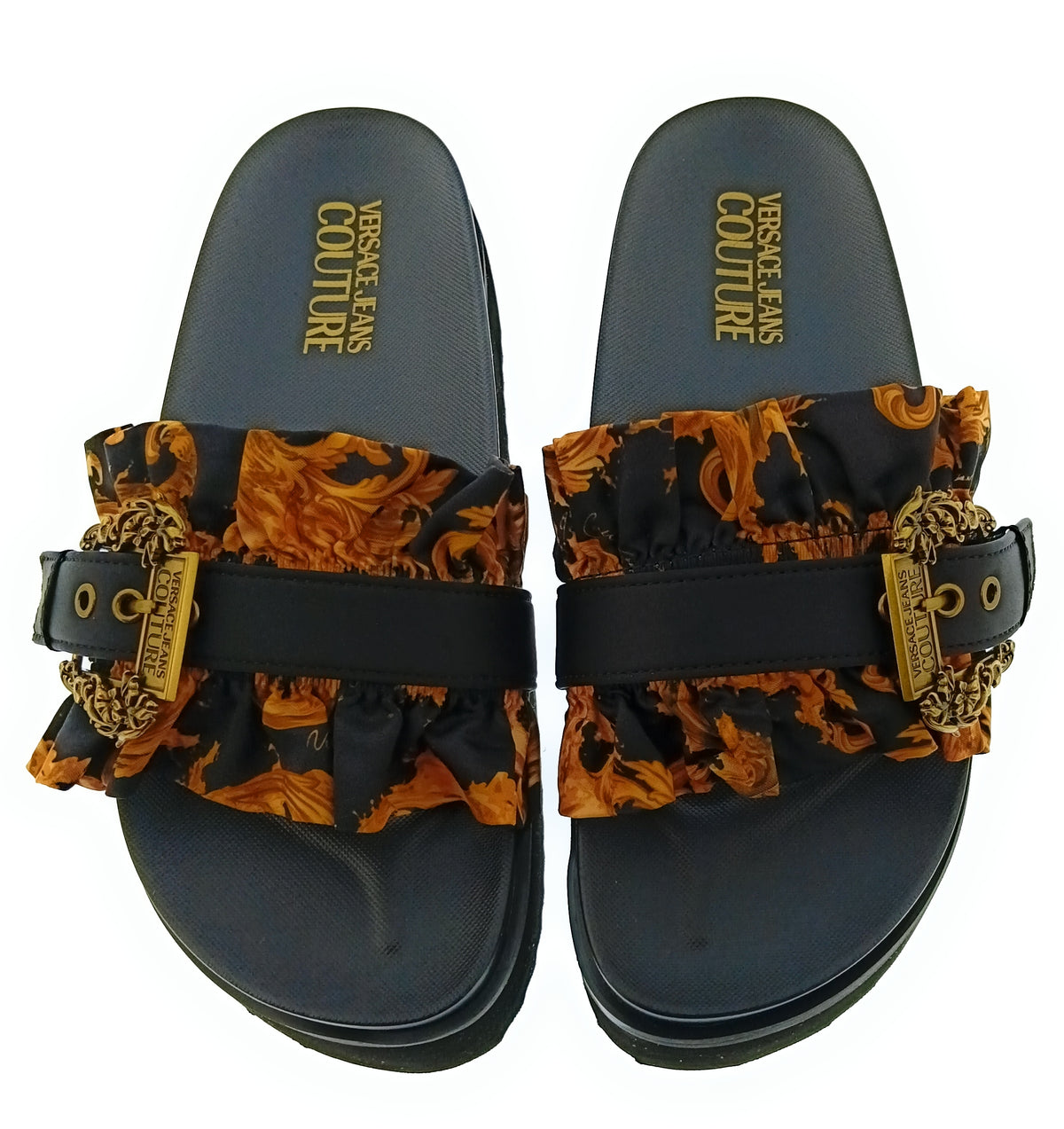 Versace Jeans Couture Womens Black Ruffle Platform Slide Sandals-