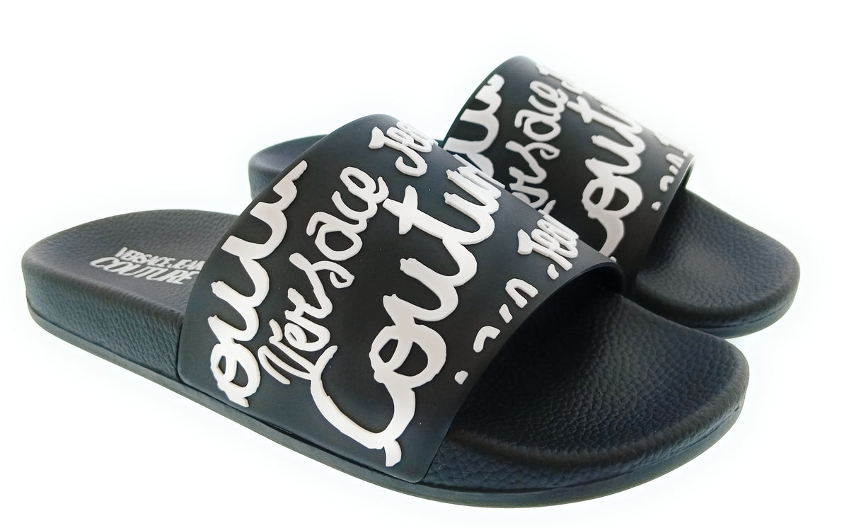 Versace Jeans Couture Womens Black White Graffiti Logo Slide Sandals-