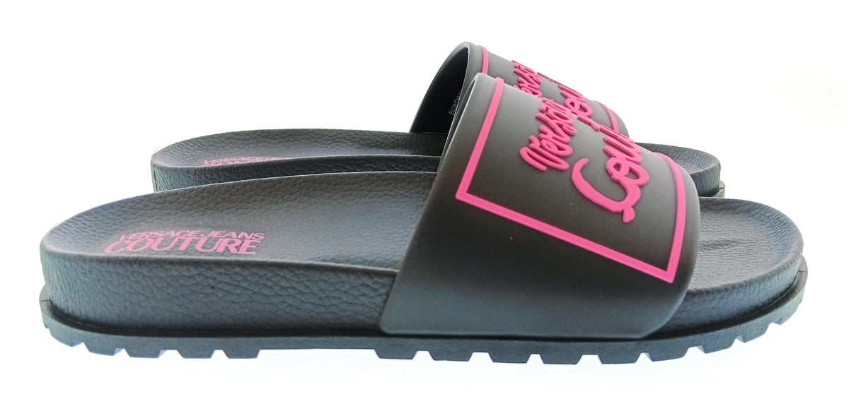 Versace Jeans Couture Womens Black Pink Logo Pool Slide Sandals-
