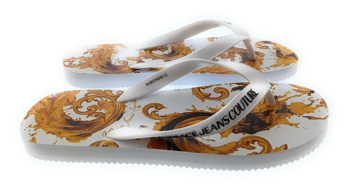 Versace Jeans Couture Womens White Gold Baroque Print Flip-Flops
