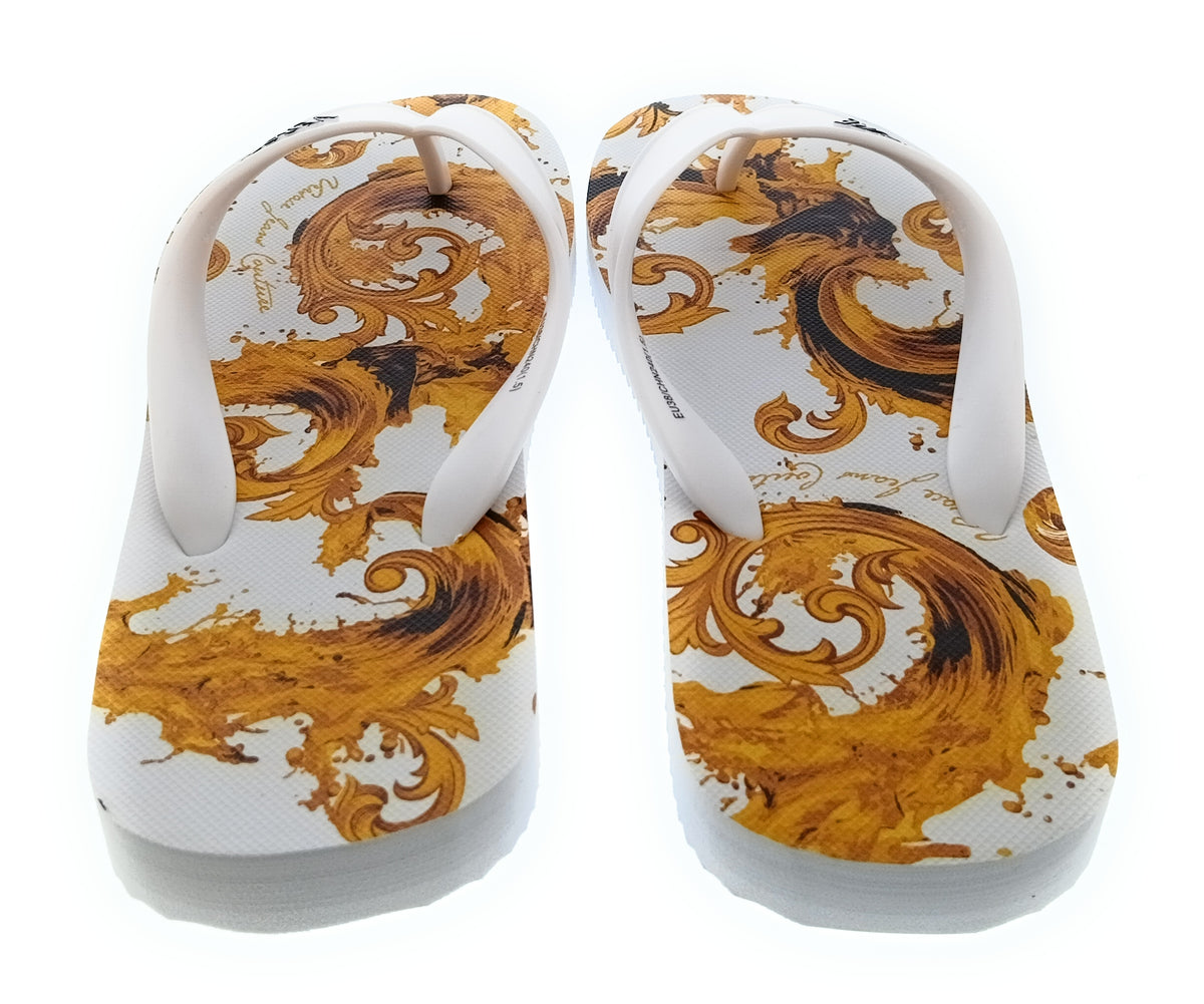 Versace Jeans Couture Womens White Gold Baroque Print Flip-Flops