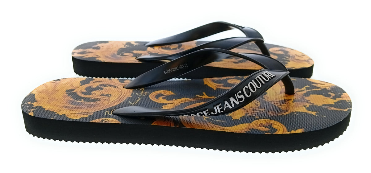 Versace Jeans Couture Womens Black Gold Baroque Print Flip-Flops
