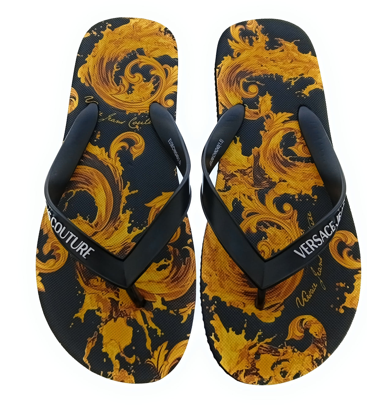 Versace Jeans Couture Womens Black Gold Baroque Print Flip-Flops