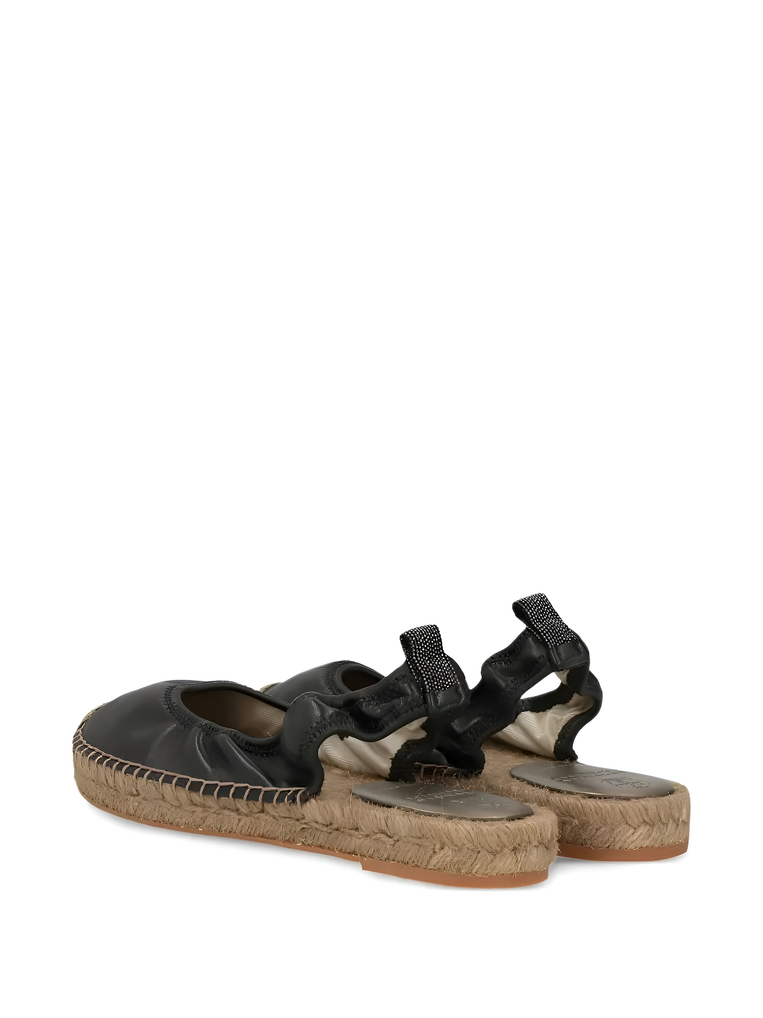 Brunello Cucinelli Black Leather Ruched Slingback Espadrille Flats