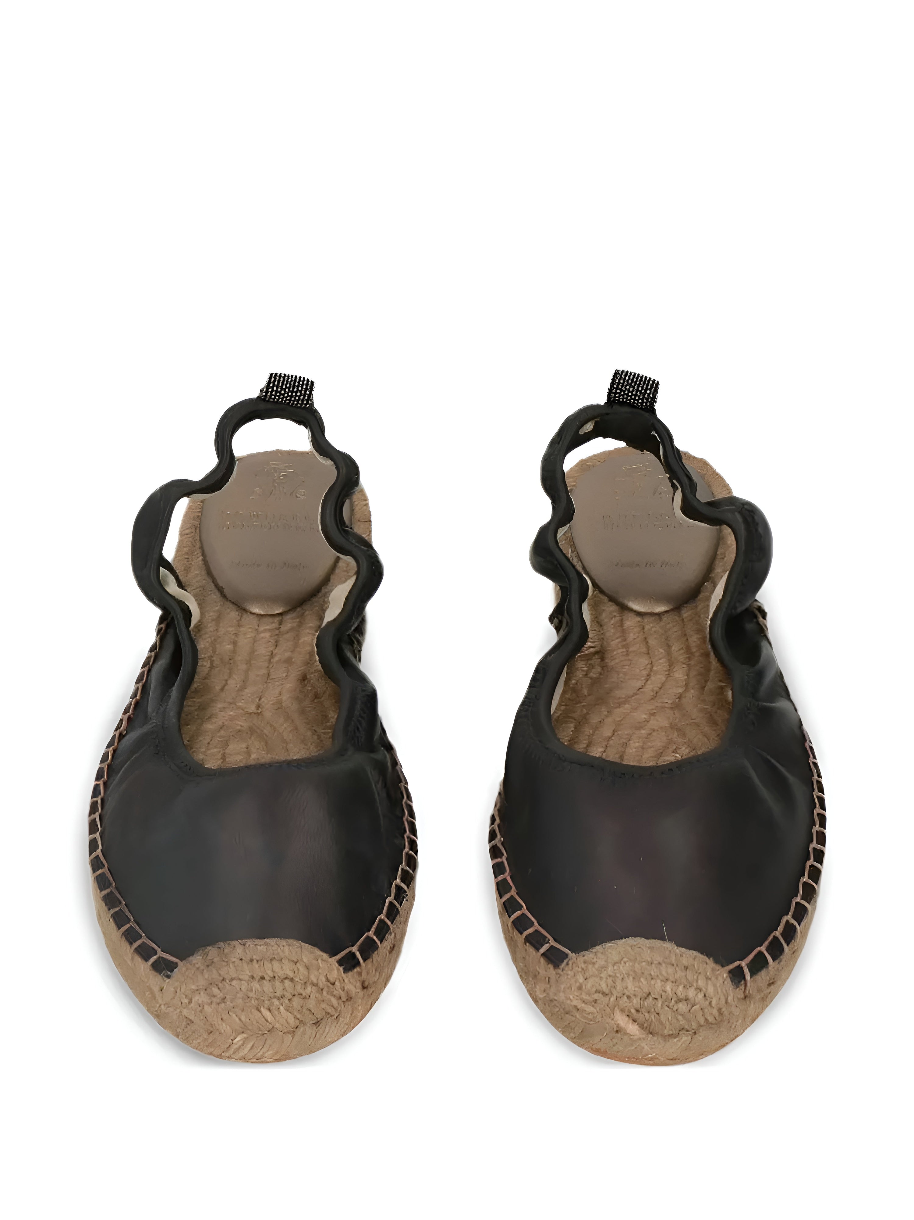 Brunello Cucinelli Black Leather Ruched Slingback Espadrille Flats