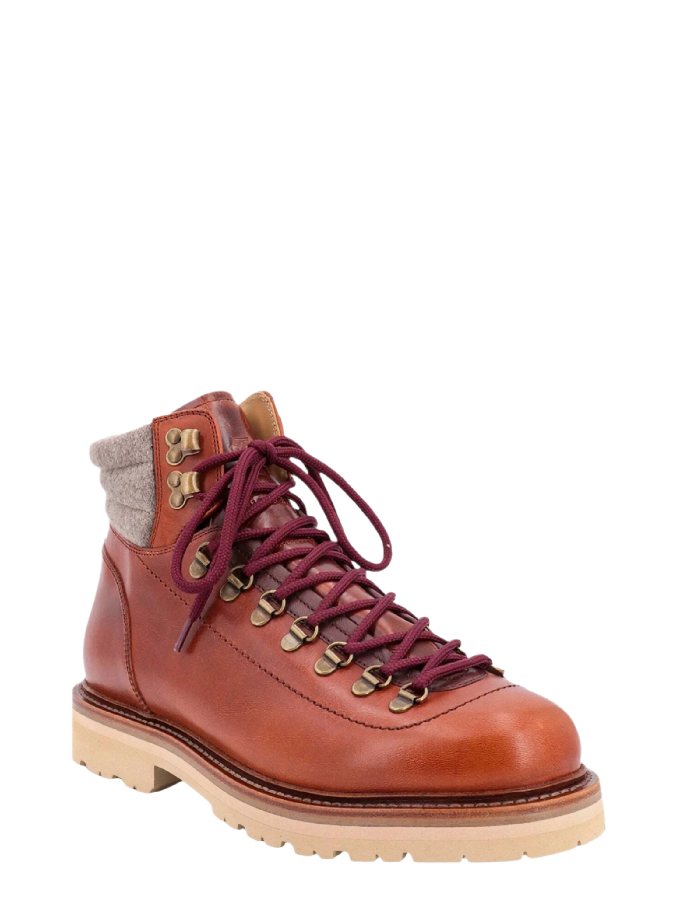 Brunello Cucinelli Smooth Leather Lace-Up Hiking Boots with Felt Collar