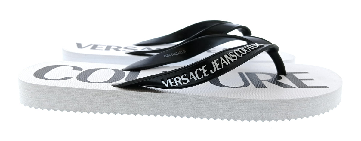 Versace Jeans Couture Womens White Black Logo Print Flip-Flops