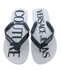 Versace Jeans Couture Womens White Black Logo Print Flip-Flops