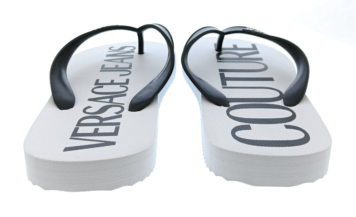 Versace Jeans Couture Womens White Black Logo Print Flip-Flops