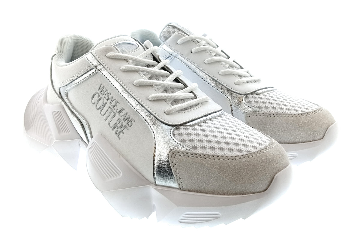 Versace Jeans Couture Womens White Silver Sculpted Sole Sneakers