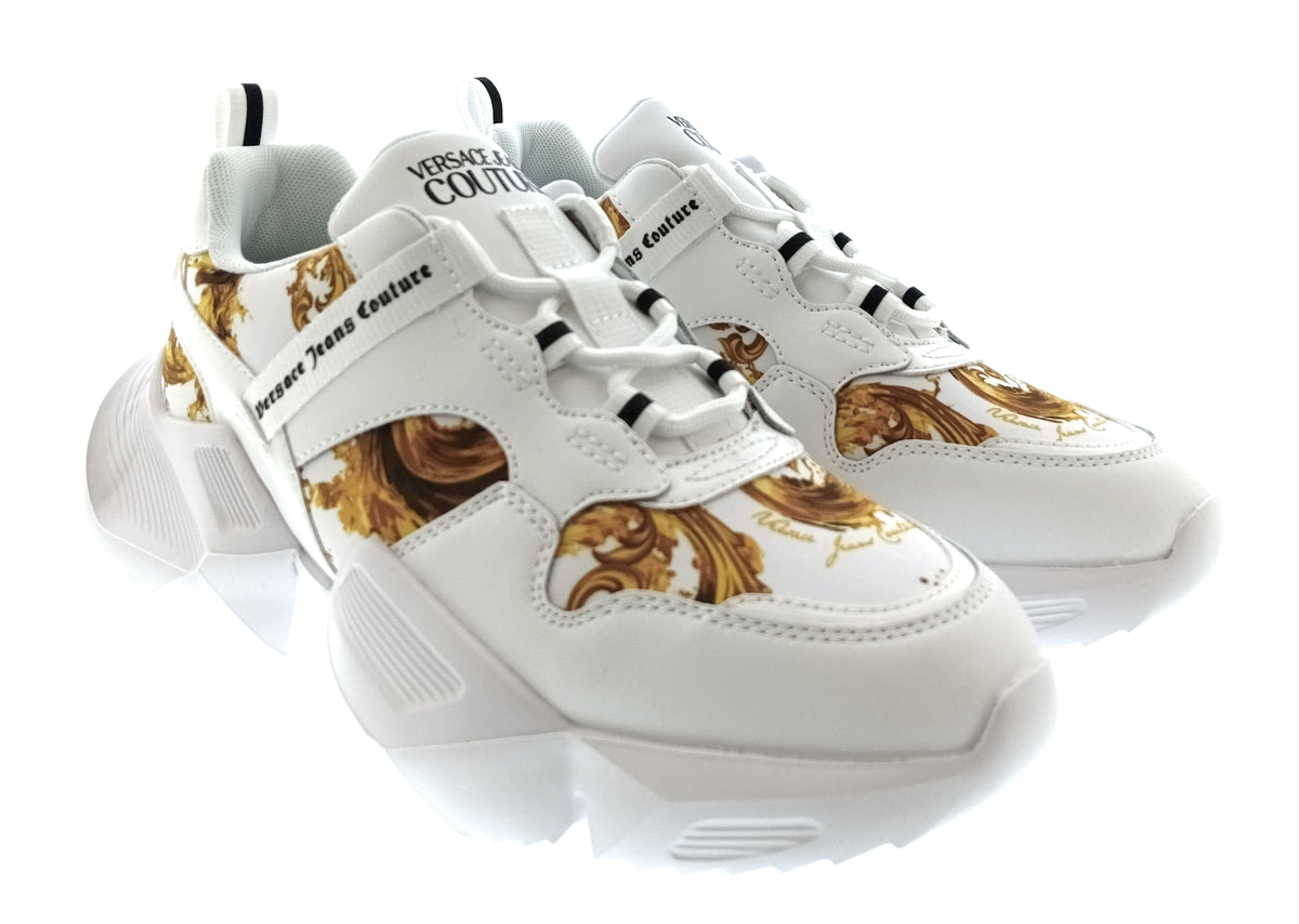 Versace Jeans Couture Womens White Gold Baroque Strap Chunky Sneakers
