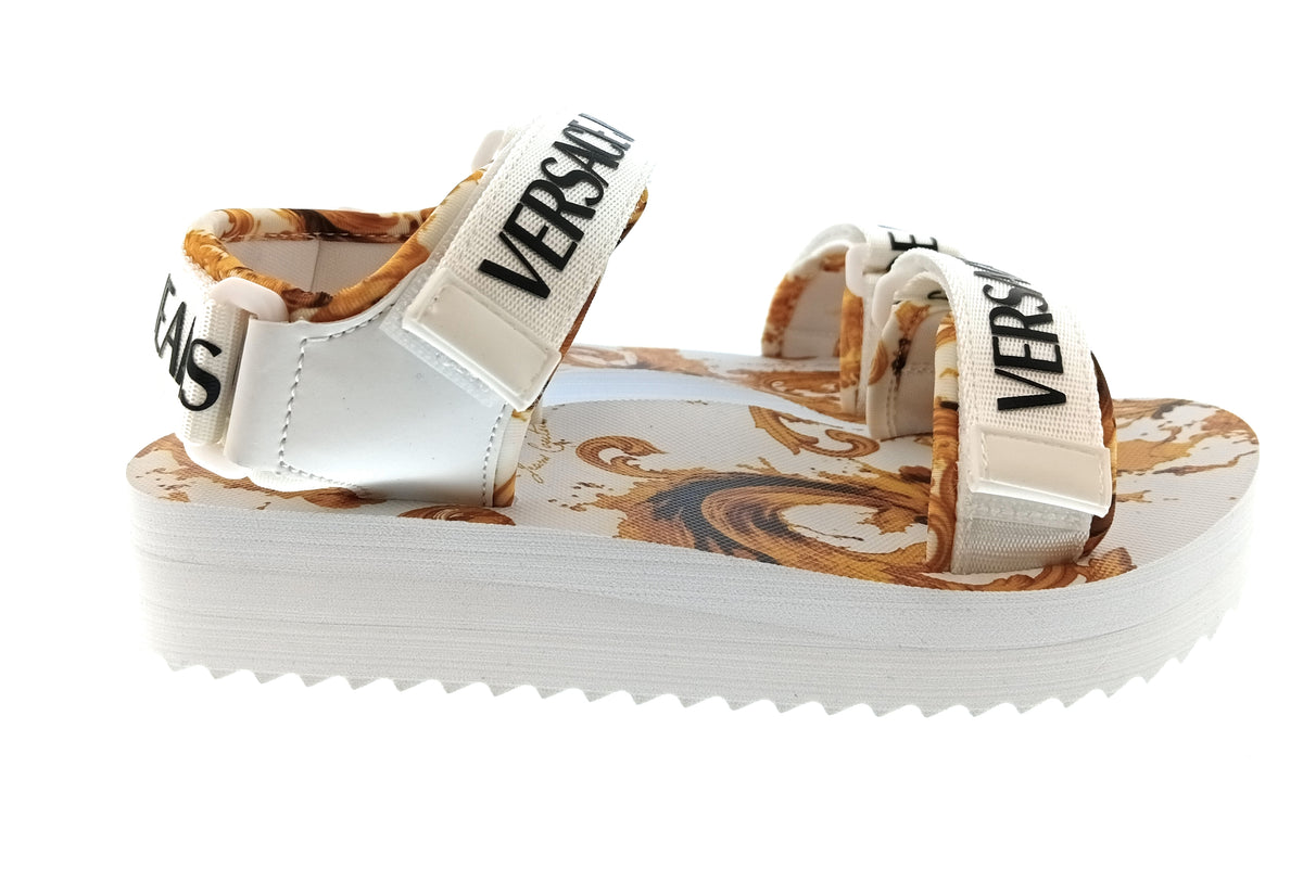 Versace Jeans Couture Womens White Gold Logo Strap Platform Sandals-