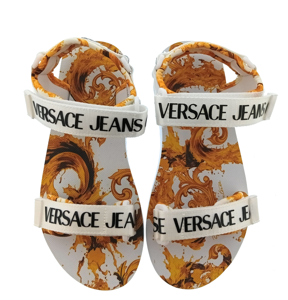 Versace Jeans Couture Womens White Gold Logo Strap Platform Sandals-