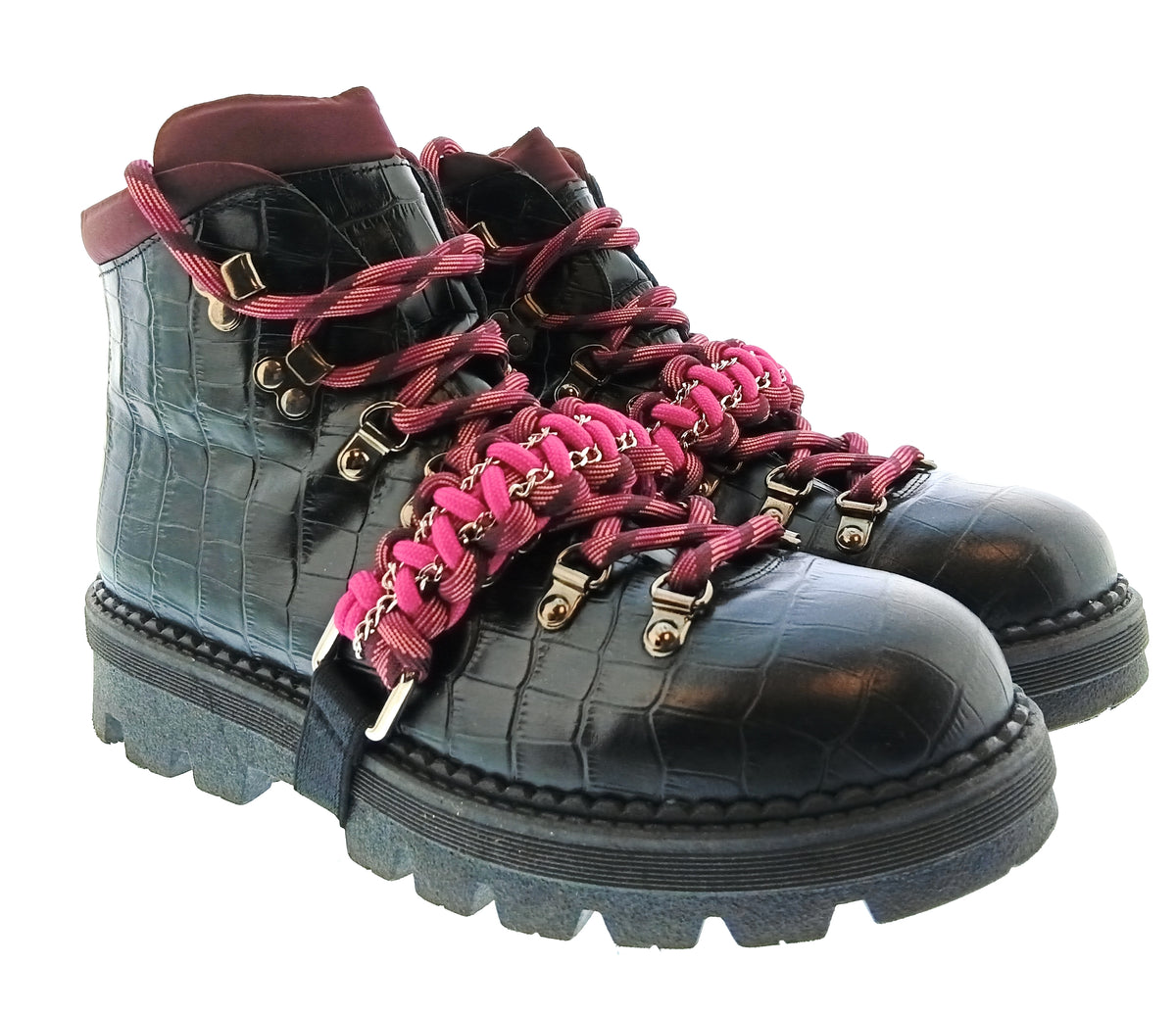 Pinko Women's Black and Fuchsia Lace-Up Hiking Ankle Boots-