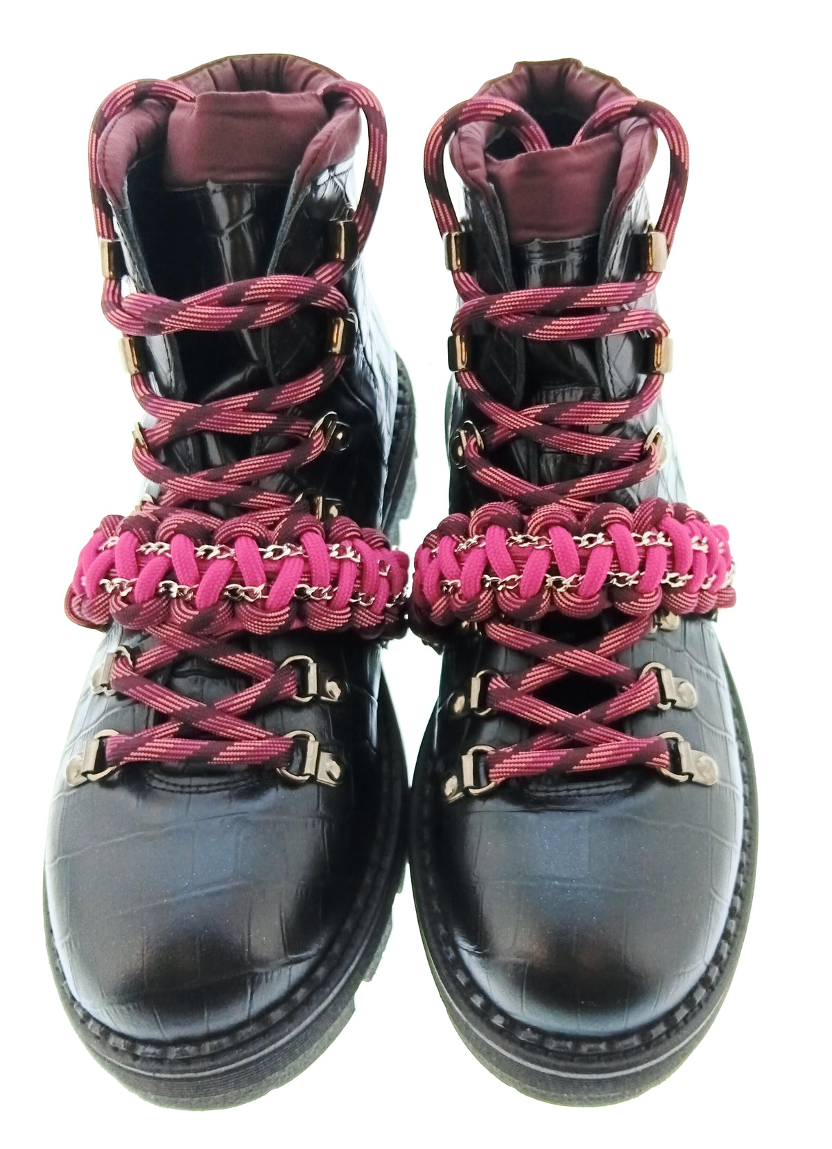 Pinko Women's Black and Fuchsia Lace-Up Hiking Ankle Boots-