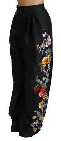 Dolce & Gabbana Black Brocade Floral Sequined Beaded Women's Pants