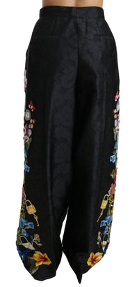 Dolce & Gabbana Black Brocade Floral Sequined Beaded Women's Pants
