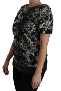 Dolce & Gabbana Black Sequined Crystal Embellished Top Women's Blouse