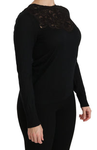 Dolce & Gabbana Black Silk Lace Crew Neck Long Sleeve Women's Blouse