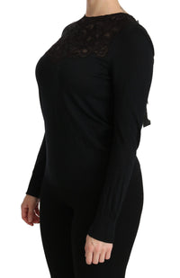 Dolce & Gabbana Black Silk Lace Crew Neck Long Sleeve Women's Blouse