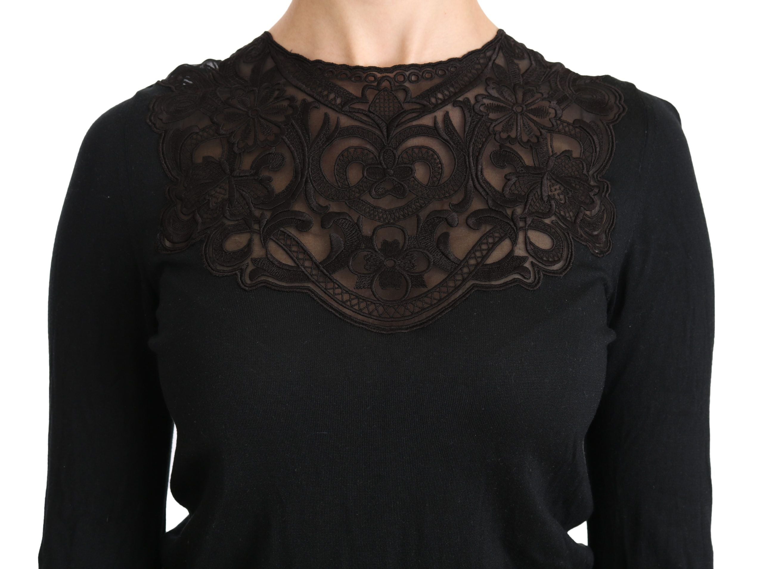 Dolce & Gabbana Black Silk Lace Crew Neck Long Sleeve Women's Blouse