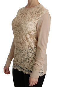 Dolce & Gabbana Beige Lace Long Sleeve Top Cashmere Women's Blouse