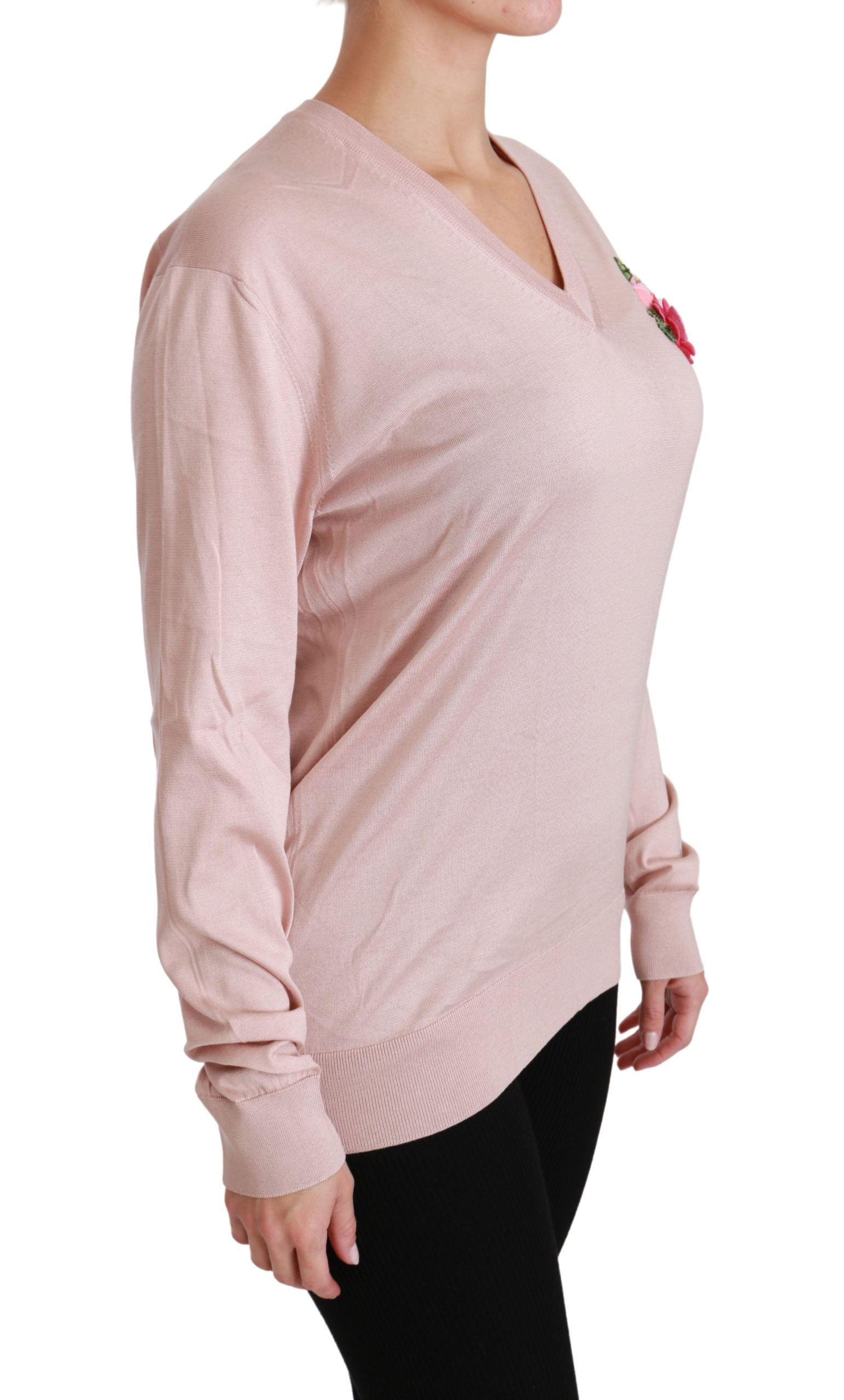 Dolce & Gabbana Pink Floral Embellished Pullover Silk Women's Sweater