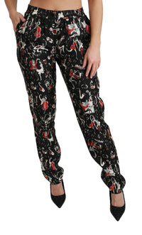 Dolce & Gabbana Black Silk Instrument Mid Waist Women's Pants