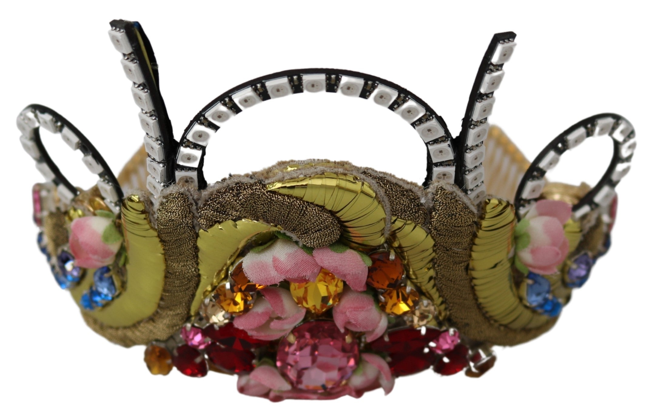 Dolce & Gabbana Gold-Tone Crown with Rhinestones Fabric Flowers and Crystals