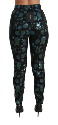Dolce & Gabbana Blue Green Floral Metallic Slim Women's Pants