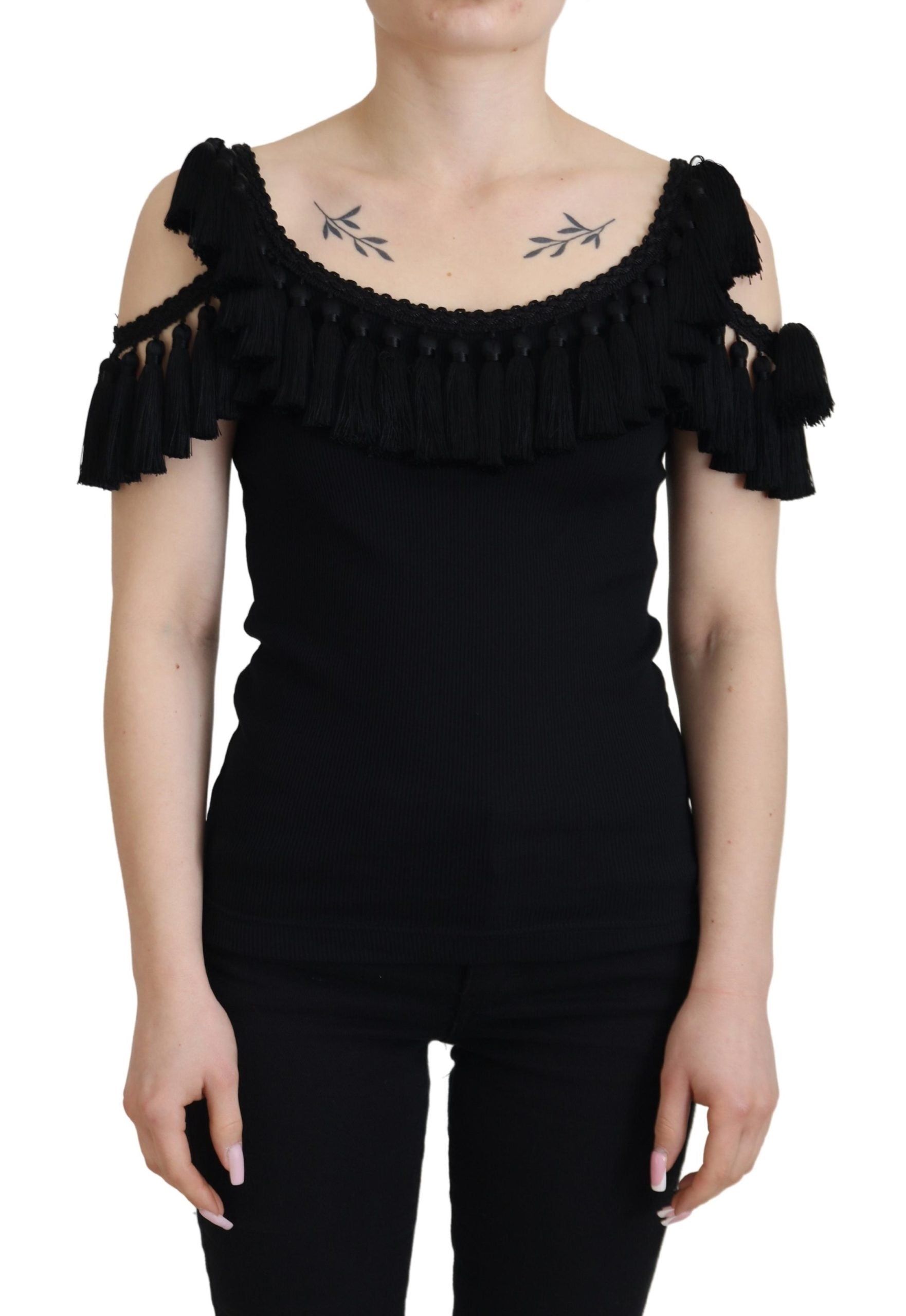 Dolce & Gabbana Black Ribbed T-shirt with Tassels