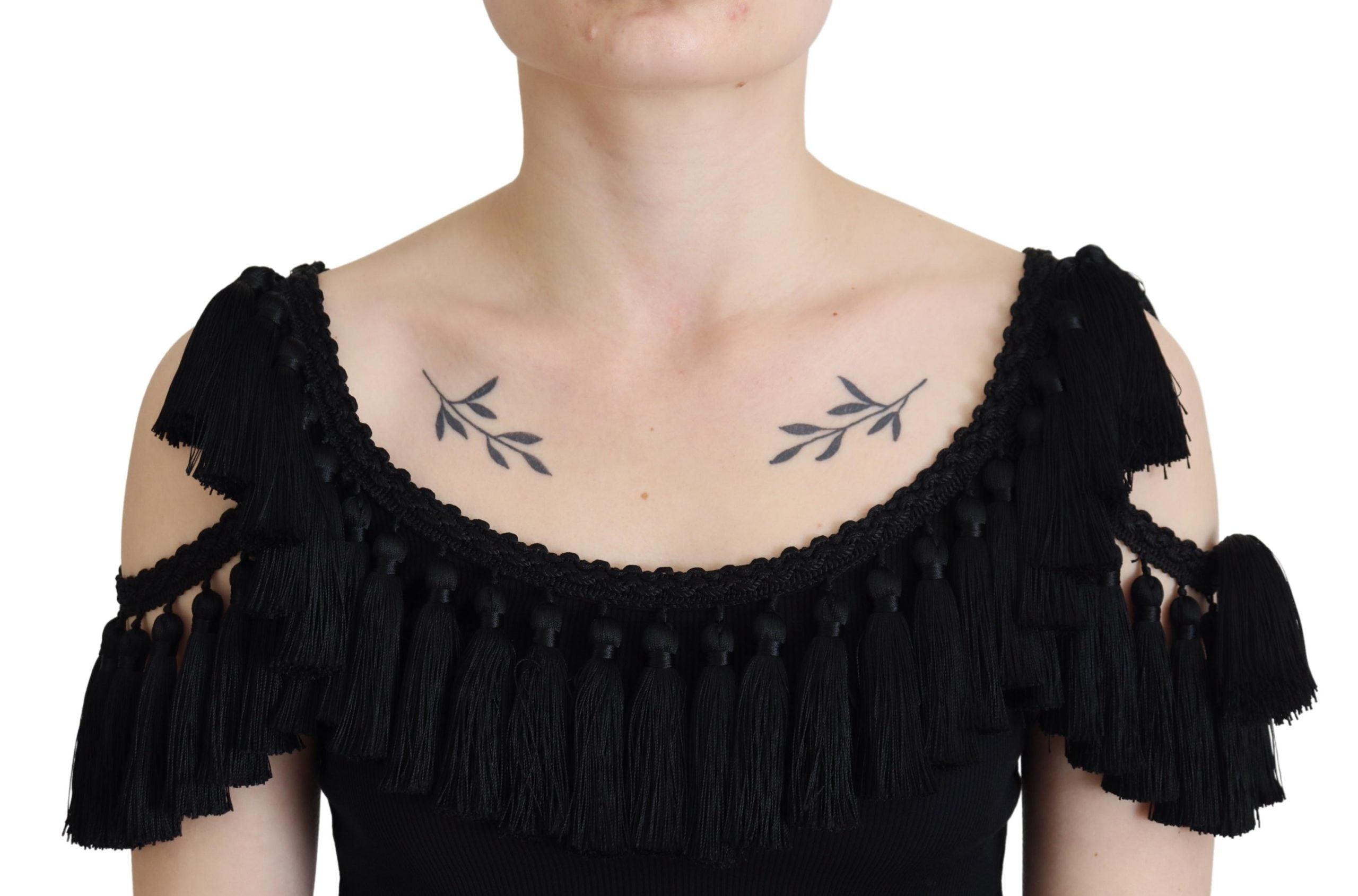 Dolce & Gabbana Black Ribbed T-shirt with Tassels