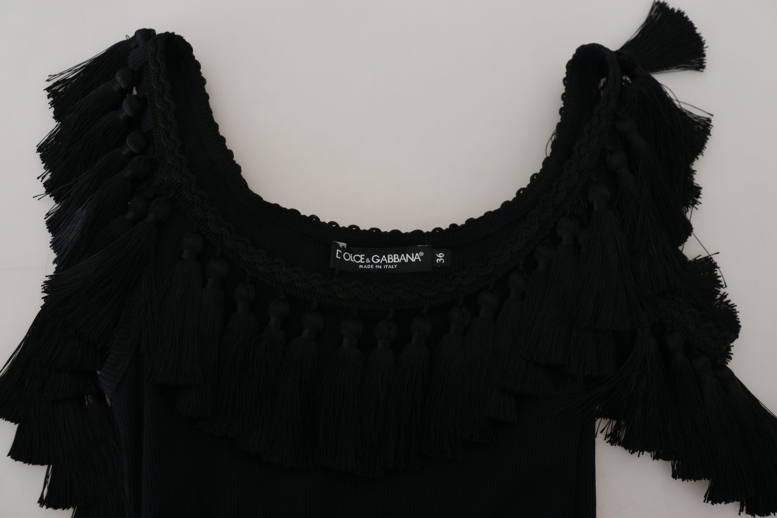 Dolce & Gabbana Black Ribbed T-shirt with Tassels