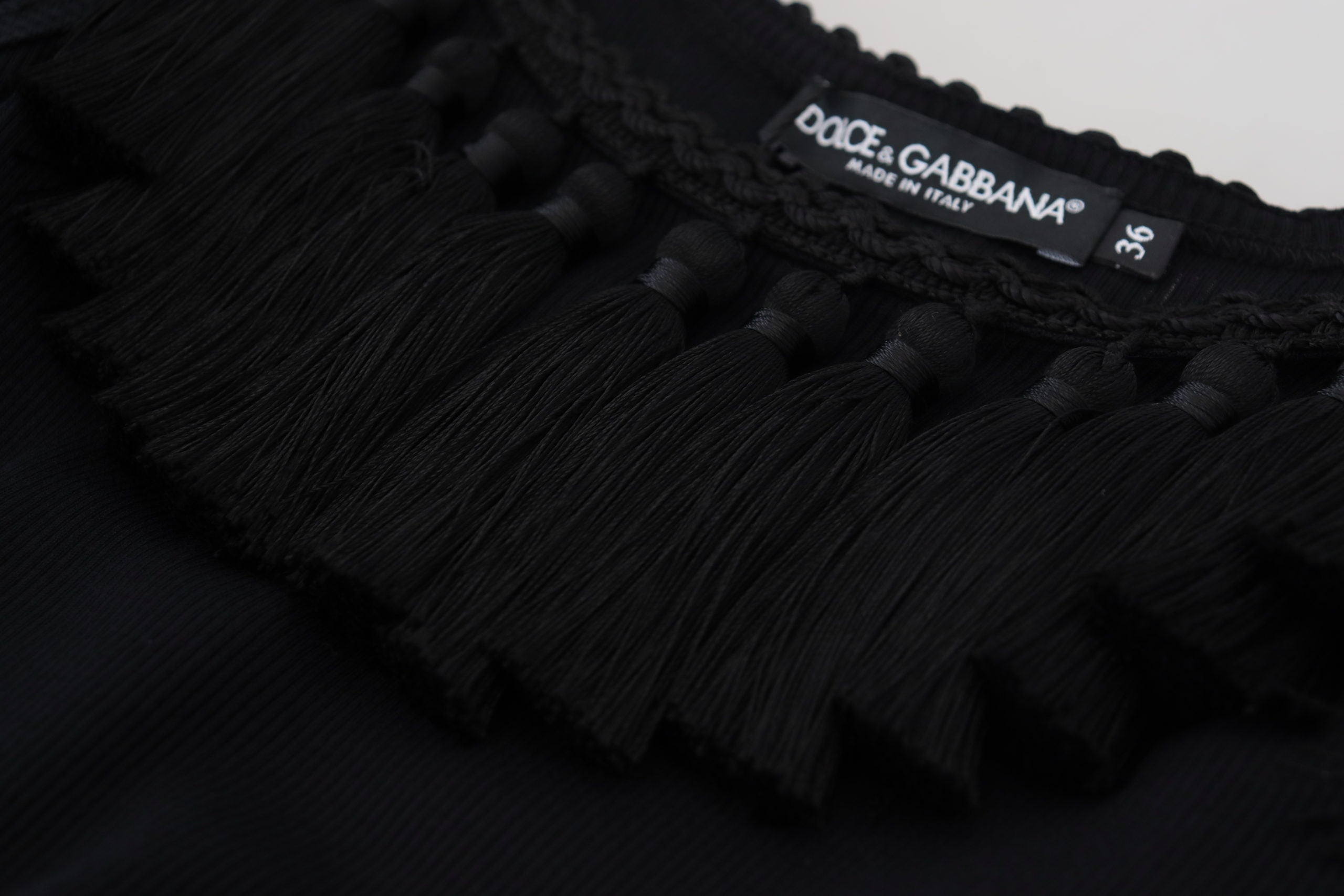 Dolce & Gabbana Black Ribbed T-shirt with Tassels