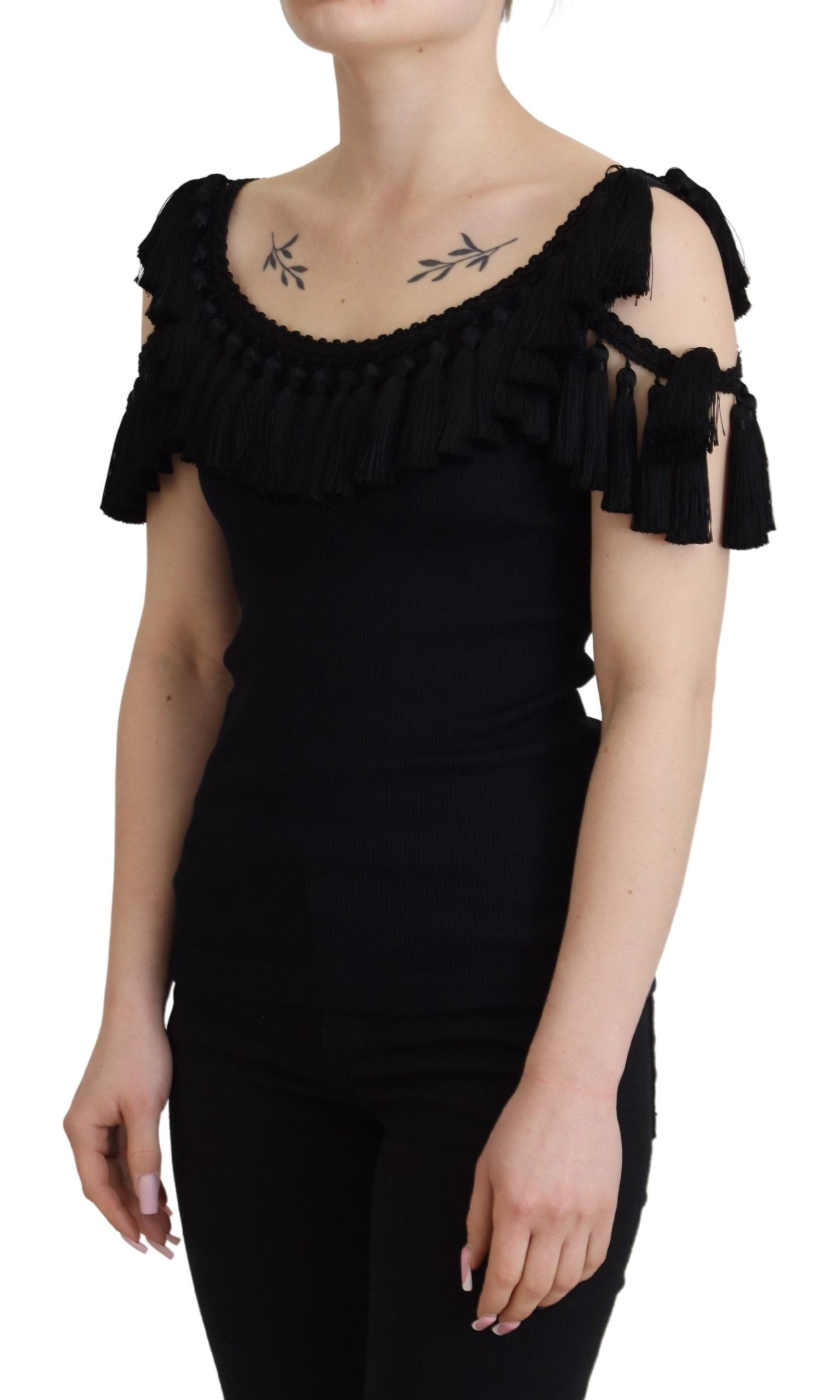 Dolce & Gabbana Black Ribbed T-shirt with Tassels