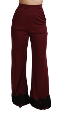 Dolce & Gabbana Black Lace High Waist Wide Leg Maroon Women's Pants