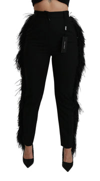 Dolce & Gabbana Black Feather Straight High Waist Wool Women's Pants