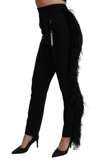 Dolce & Gabbana Black Feather Straight High Waist Wool Women's Pants