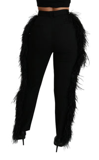 Dolce & Gabbana Black Feather Straight High Waist Wool Women's Pants