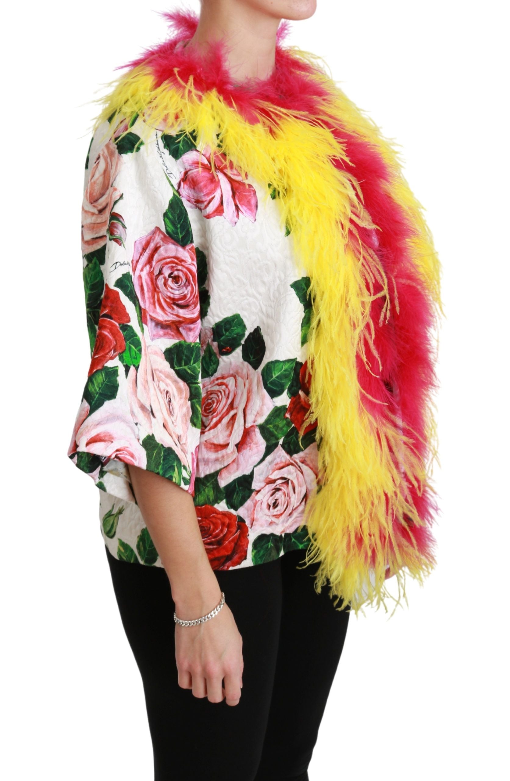 Dolce & Gabbana Dolce & Gabbana White Floral Coat Capte Fur Roses Women's Jacket