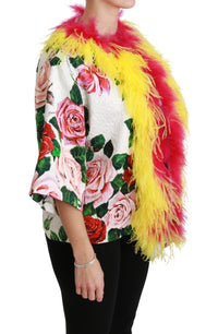 Dolce & Gabbana Dolce & Gabbana White Floral Coat Capte Fur Roses Women's Jacket