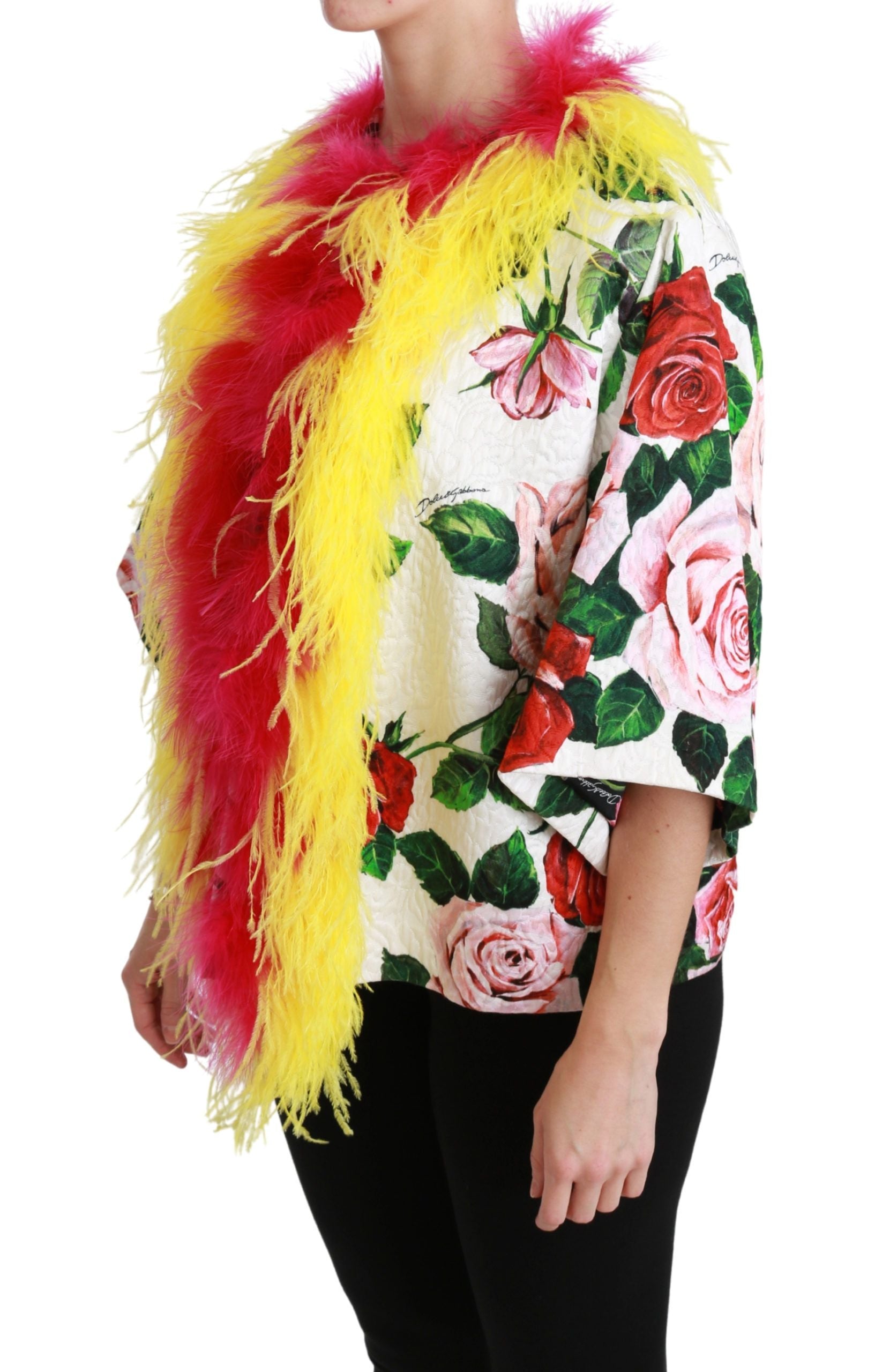 Dolce & Gabbana Dolce & Gabbana White Floral Coat Capte Fur Roses Women's Jacket