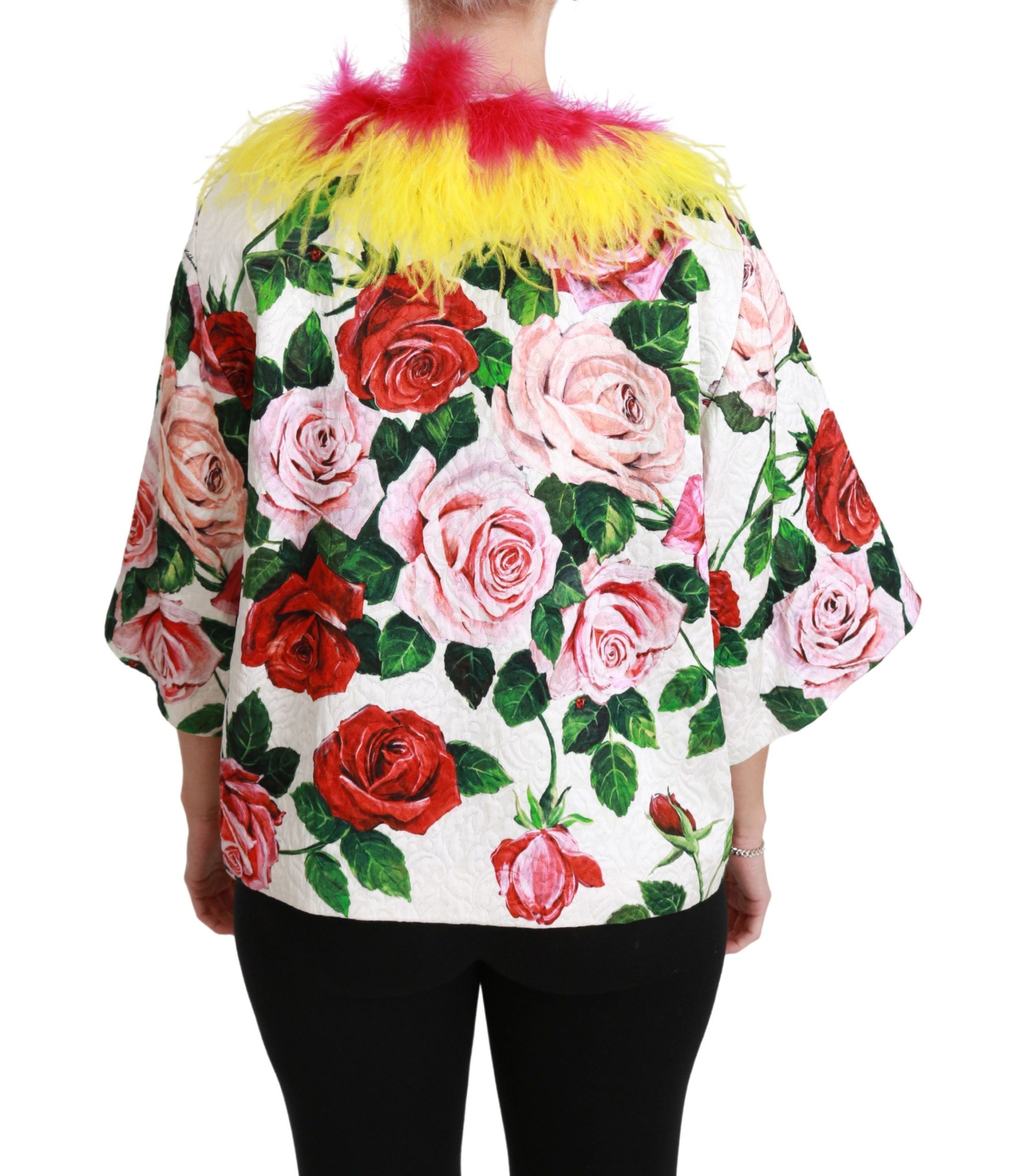 Dolce & Gabbana Dolce & Gabbana White Floral Coat Capte Fur Roses Women's Jacket
