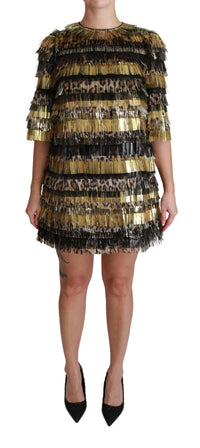 Dolce & Gabbana Polyester Black Gold Leopard Shift Mini Women's Dress
