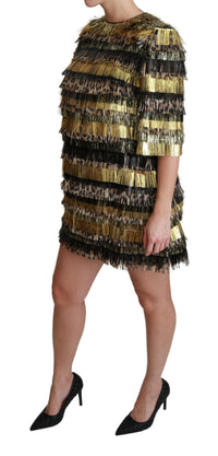 Dolce & Gabbana Polyester Black Gold Leopard Shift Mini Women's Dress